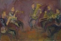Oil painting of a brass quintet